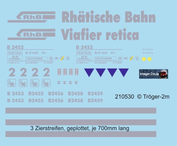 B 2452 u.a., RhB Einheitswagen II, Decalset und Zierstreifen